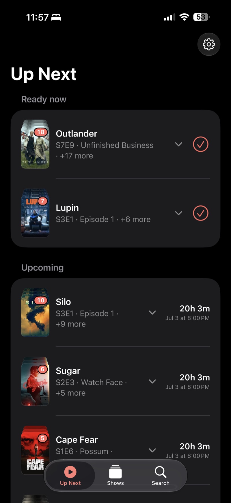 Up Next app: the Up Next list showing shows ready to watch and countdowns to upcoming episodes